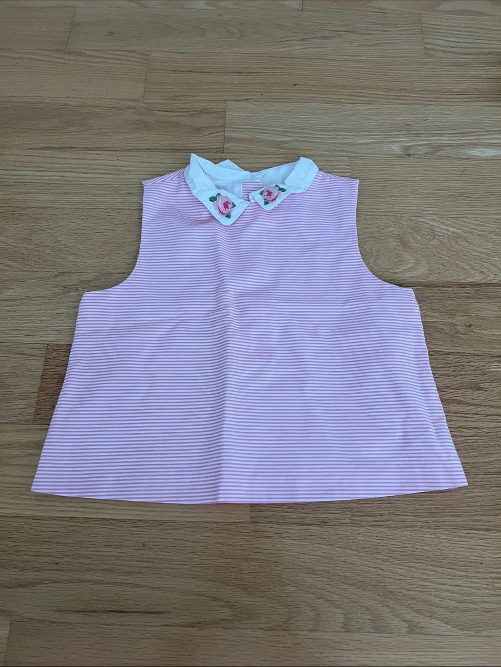 Kids Sleeveless Pink & White Striped Top with Embroidered Collar